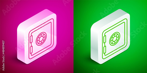 Isometric line Safe icon isolated on pink and green background. The door safe a bank vault with a combination lock. Reliable Data Protection. Silver square button. Vector