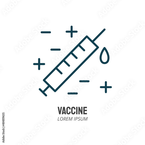 Syringe with drop line icon isolated. Editable stroke symbol. Vaccines against virus, vaccination sheldule, anti vaccine, shield virus. Flu, hepatitis, measles covid prevention