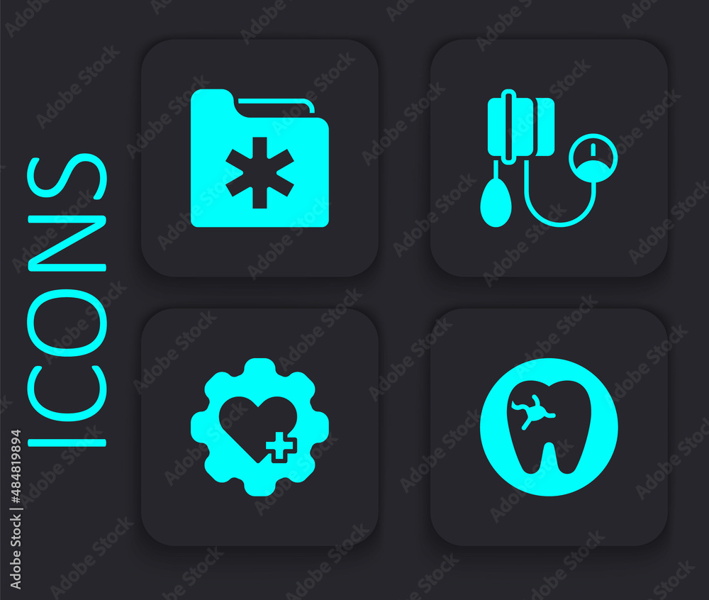 Set Tooth with caries, Medical health record folder, Blood pressure and Heart cross icon. Black square button. Vector Set Tooth with caries, Medical health record folder, Blood pressure and Heart cross icon. Black square button. Vector