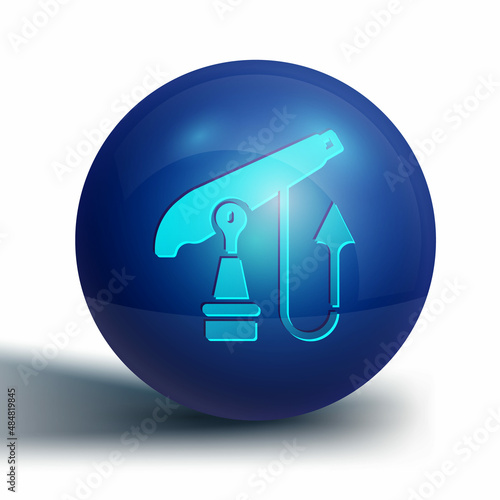 Blue Fishing harpoon icon isolated on white background. Fishery manufacturers for catching fish under water. Diving underwater equipment. Blue circle button. Vector