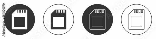 Black SD card icon isolated on white background. Memory card. Adapter icon. Circle button. Vector