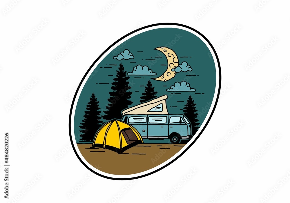 Half moon camping with campervan illustration Half moon camping with campervan illustration