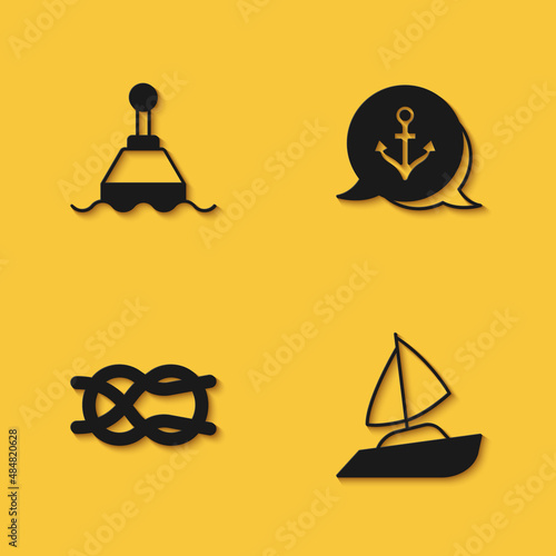 Set Floating buoy, Yacht sailboat, Nautical rope knots and Anchor icon with long shadow. Vector