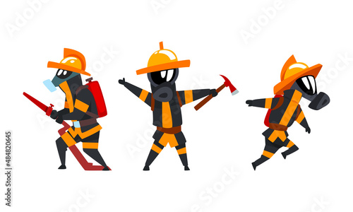 Firefighter in Protective Outfit and Water Hose Extinguishing Fire Vector Set