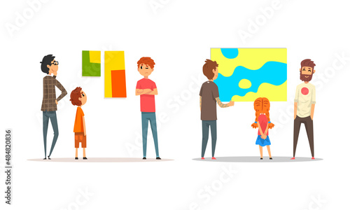 People Character Viewing Shape Modern Abstract Arts Exhibit and Creative Artworks on Wall in Art Gallery Vector Set