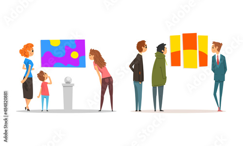 People Character Viewing Shape Modern Abstract Arts Exhibit and Creative Artworks on Wall in Art Gallery Vector Set