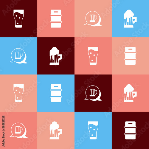 Set pop art Glass of beer, Metal keg, Wooden mug and icon. Vector