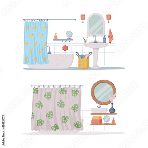 Bathroom or Washroom Interior with Bathtub, Sink and Mirror Vector Illustration Set