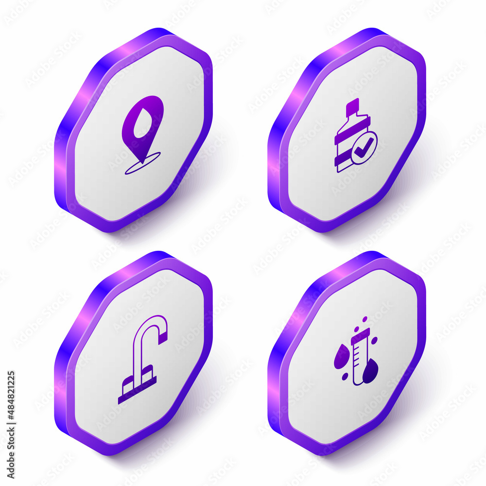 Set Isometric Water drop with location, Big bottle clean water, tap and Test tube icon. Purple hexagon button. Vector Set Isometric Water drop with location, Big bottle clean water, tap and Test tube icon. Purple hexagon button. Vector
