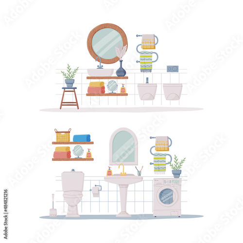 Bathroom or Washroom Interior with Sink, Washing Machine and Toilet Bowl Vector Illustration Set