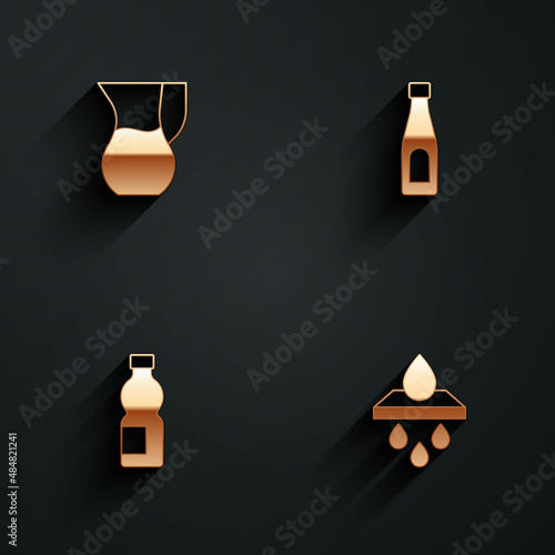 Set Jug glass with water, Bottle of, and Water filter cartridge icon with long shadow. Vector