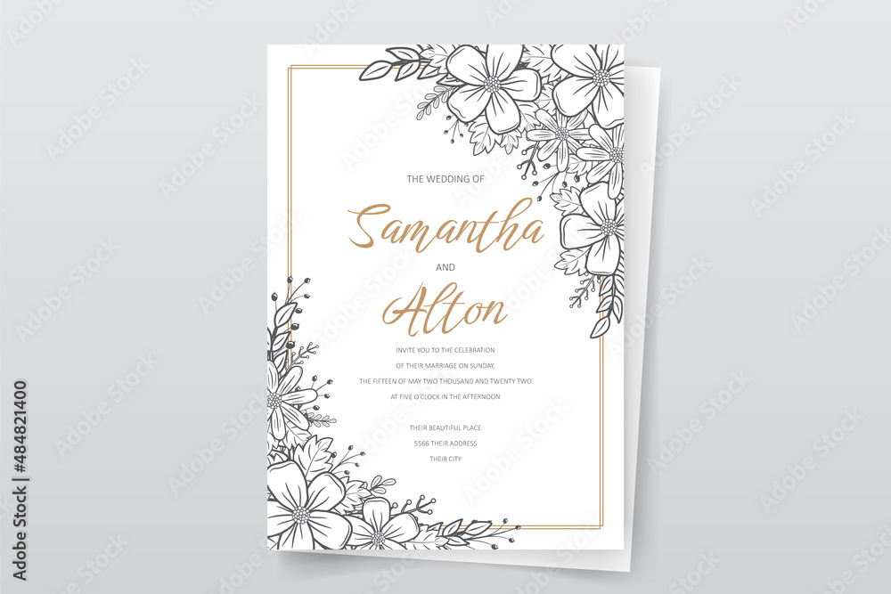 Wedding invitation template with floral outline decoration