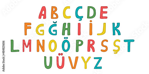A set of cartoons in the Turkish alphabet for a child. ABC. Translation: Letters of the alphabet from A to Z. Design for typography, banner, cards and more. Flat vector style.