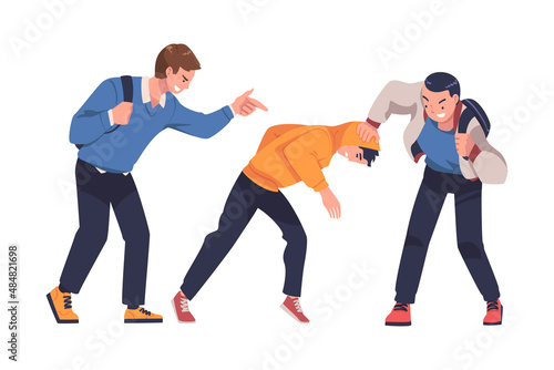 Aggressor and Victim with Violent Teenager Boy Abusing Weak Agemate Vector Illustration