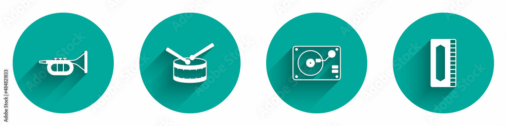 Set Trumpet, Drum with drum sticks, Vinyl player vinyl disk and Harmonica icon with long shadow. Vector Set Trumpet, Drum with drum sticks, Vinyl player vinyl disk and Harmonica icon with long shadow. Vector