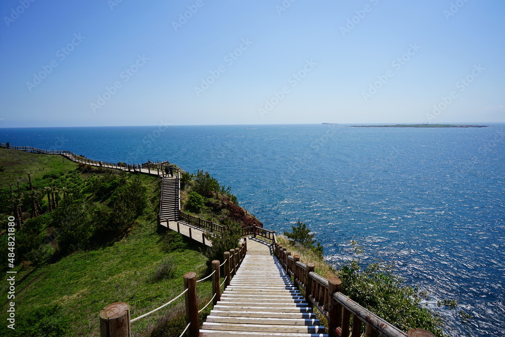 seaside cliff walkway and distant island