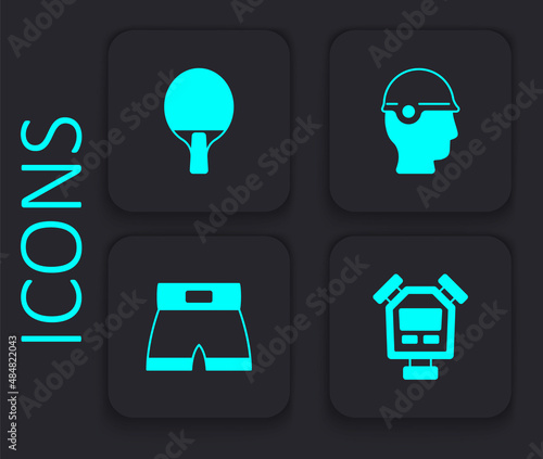 Set Stopwatch, Racket, Baseball helmet and Boxing short icon. Black square button. Vector