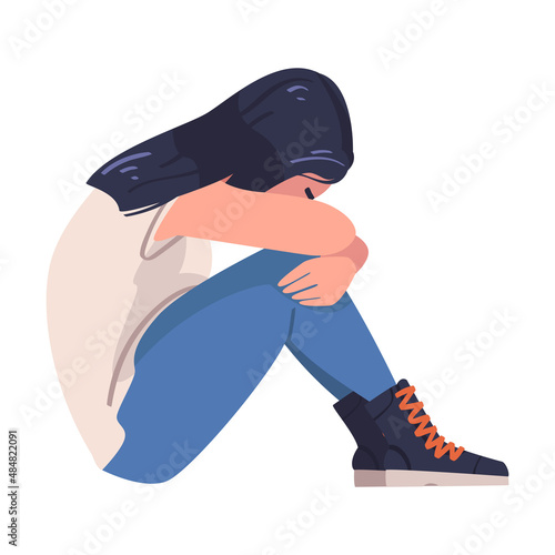 Sad Woman Sitting with Bend Knees Suffering from Abuse and Bullying Vector Illustration