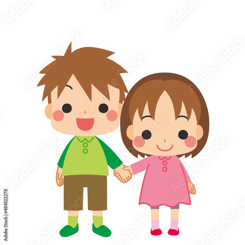 妹と手を繋いでいるお兄ちゃんのイラスト　可愛い　子供　白背景　クリップアート © ぽこたぽこ