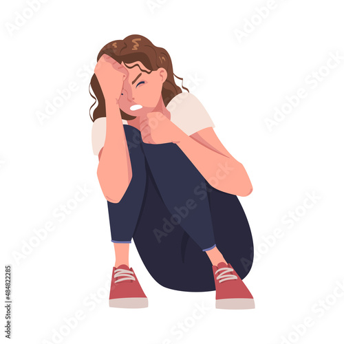 Scared Woman Sitting with Bend Knees Suffering from Abuse and Bullying Vector Illustration