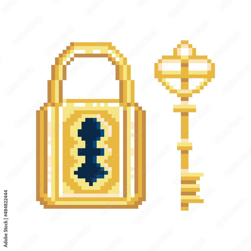 Pixel Art Lock and Key in 8 bit Game Style