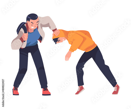 Aggressor and Victim with Violent Teenager Boy Abusing Weak Agemate Vector Illustration