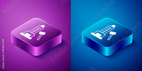 Isometric High striker attraction with big hammer icon isolated on blue and purple background. Attraction for measuring strength. Amusement park. Square button. Vector