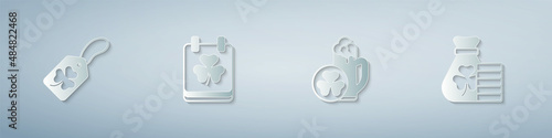 Set Clover trefoil leaf with tag, Saint Patricks day calendar, Glass of beer and Money bag clover. Paper art style. Vector
