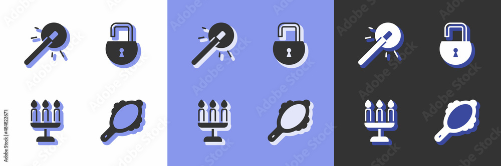 Set Magic hand mirror, wand, Candlestick and Open padlock icon. Vector Set Magic hand mirror, wand, Candlestick and Open padlock icon. Vector