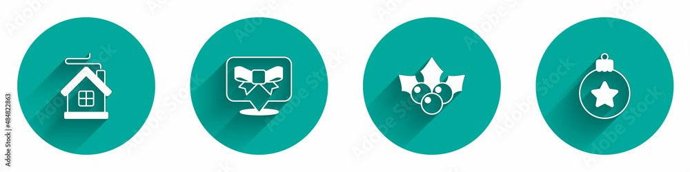 Set Merry Christmas house, Gift bow, Branch viburnum and ball icon with long shadow. Vector Set Merry Christmas house, Gift bow, Branch viburnum and ball icon with long shadow. Vector