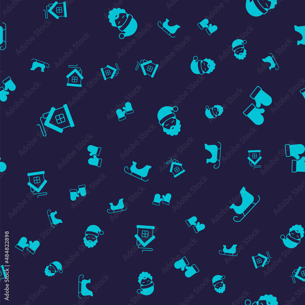 Set Merry Christmas house, mittens, Santa Claus hat and beard and santa claus sleigh on seamless pattern. Vector Set Merry Christmas house, mittens, Santa Claus hat and beard and santa claus sleigh on seamless pattern. Vector