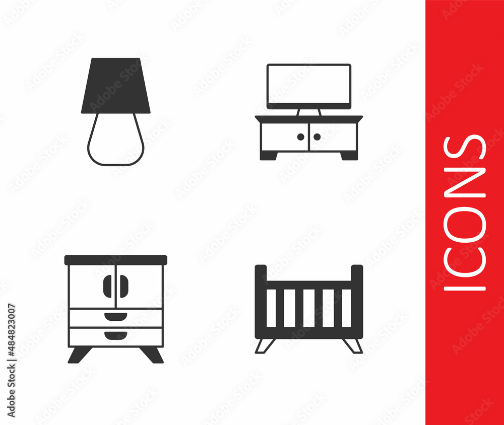 Set Baby crib cradle bed, Table lamp, Chest of drawers and TV table stand icon. Vector Set Baby crib cradle bed, Table lamp, Chest of drawers and TV table stand icon. Vector