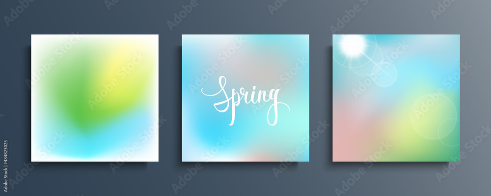 Spring season blurred backgrounds set with bright sun and hand lettering for your seasonal graphic design. Springtime collection. Vector illustration.