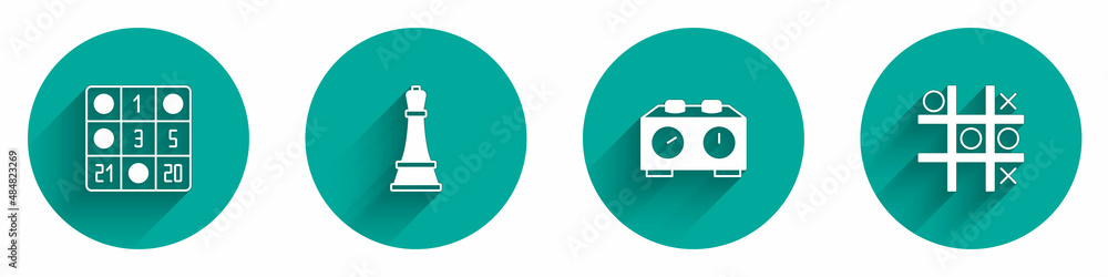 Set Bingo card, Chess, Time chess clock and Tic tac toe game icon with long shadow. Vector Set Bingo card, Chess, Time chess clock and Tic tac toe game icon with long shadow. Vector