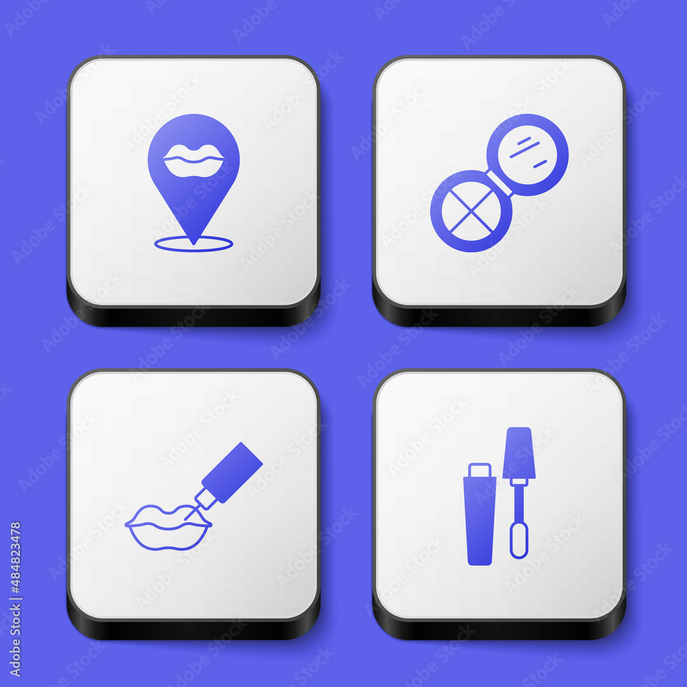 Set Smiling lips, Makeup powder with mirror, Lip augmentation and Mascara brush icon. White square button. Vector Set Smiling lips, Makeup powder with mirror, Lip augmentation and Mascara brush icon. White square button. Vector