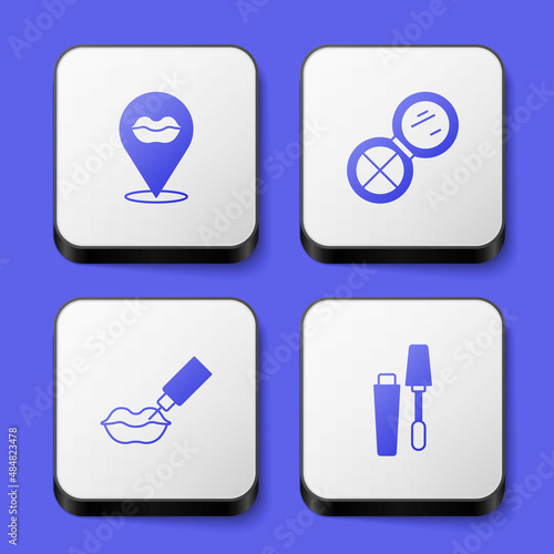 Set Smiling lips, Makeup powder with mirror, Lip augmentation and Mascara brush icon. White square button. Vector
