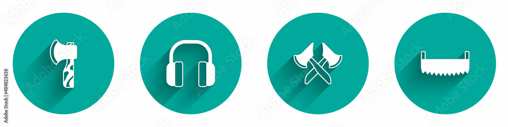 Set Wooden axe, Headphones, and Two-handed saw icon with long shadow. Vector