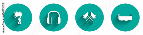 Set Wooden axe, Headphones, and Two-handed saw icon with long shadow. Vector