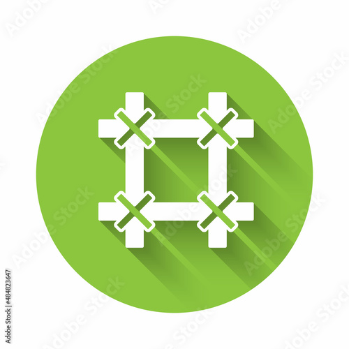 White Prison window icon isolated with long shadow background. Green circle button. Vector