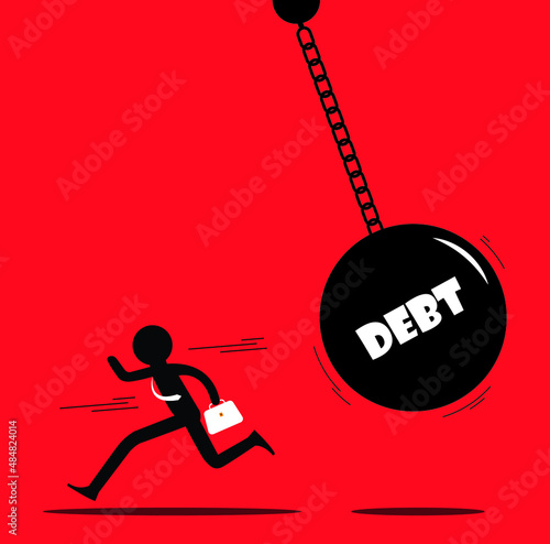 Man running away from debt burden. Debt fear concept vector illustration.