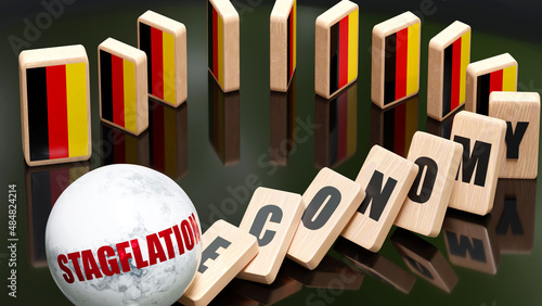 Germany and stagflation, economy and domino effect - chain reaction in Germany set off by stagflation causing a crash - economy blocks and Germany flag, 3d illustration photo