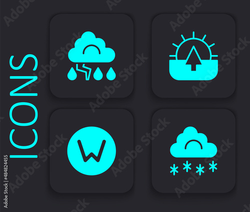 Set Cloud with snow, and lightning, Sunrise and Compass north icon. Black square button. Vector