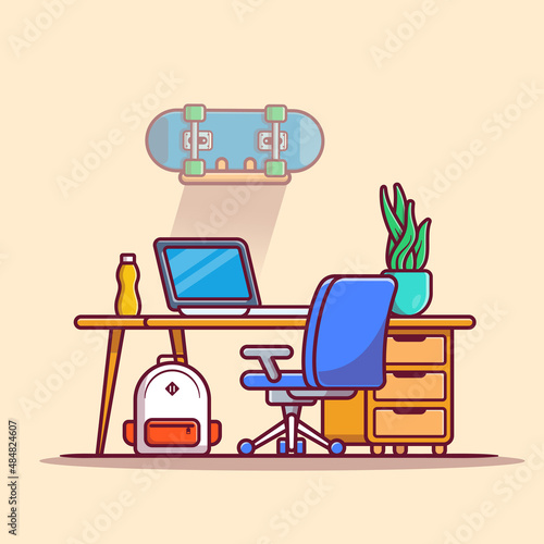 Workspace Laptop With Skateboard, Plant And Bag Cartoon Vector Icon Illustration. Workplace Technology Icon Concept Isolated Premium Vector. Flat Cartoon Style photo