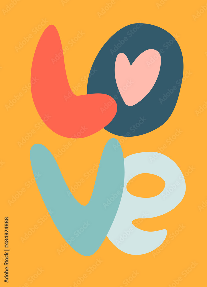 Hand-lettered word Love decorated with hearts. Retro 60s, 70s design. Vector element for greeting card, social media post. Love, Romance, Valentines Day concept