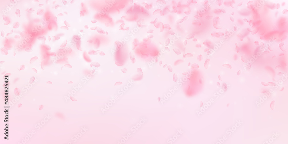 Sakura petals falling down. Romantic pink flowers falling rain. Flying petals on pink wide background. Love, romance concept. Memorable wedding invitation.
