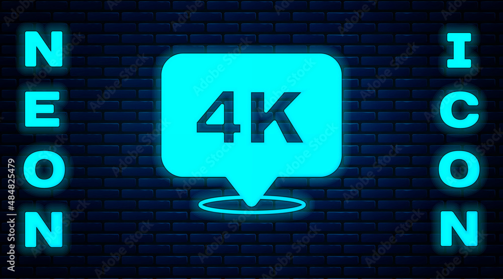 Glowing neon 4k Ultra HD icon isolated on brick wall background. Vector Glowing neon 4k Ultra HD icon isolated on brick wall background. Vector