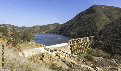 Hydroelectric Multiple Arch Concrete Dam at Lake Hodges Aerial View from above in San Dieguito River Park near Escondido, San Diego County Southern California USA photo