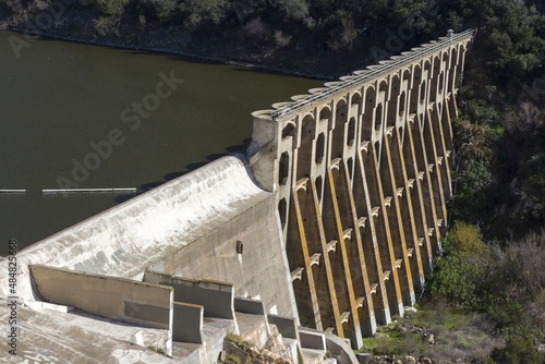 Hydroelectric Multiple Arch Concrete Dam at Lake Hodges Aerial View from above in San Dieguito River Park near Escondido, San Diego County Southern California USA photo