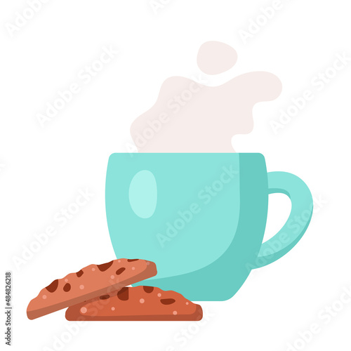 Cup with hot drink and cookies, vector illustration in cartoon flat style. Coffee, cocoa or tea cup with stream. Tasty breakfast or coffee break. Print for cards, clothes, sticker, design and decor. 