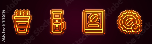 Set line Coffee cup to go, Electric coffee grinder, book and Medal for. Glowing neon icon. Vector